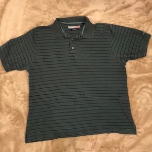 Blue-green and black striped polo